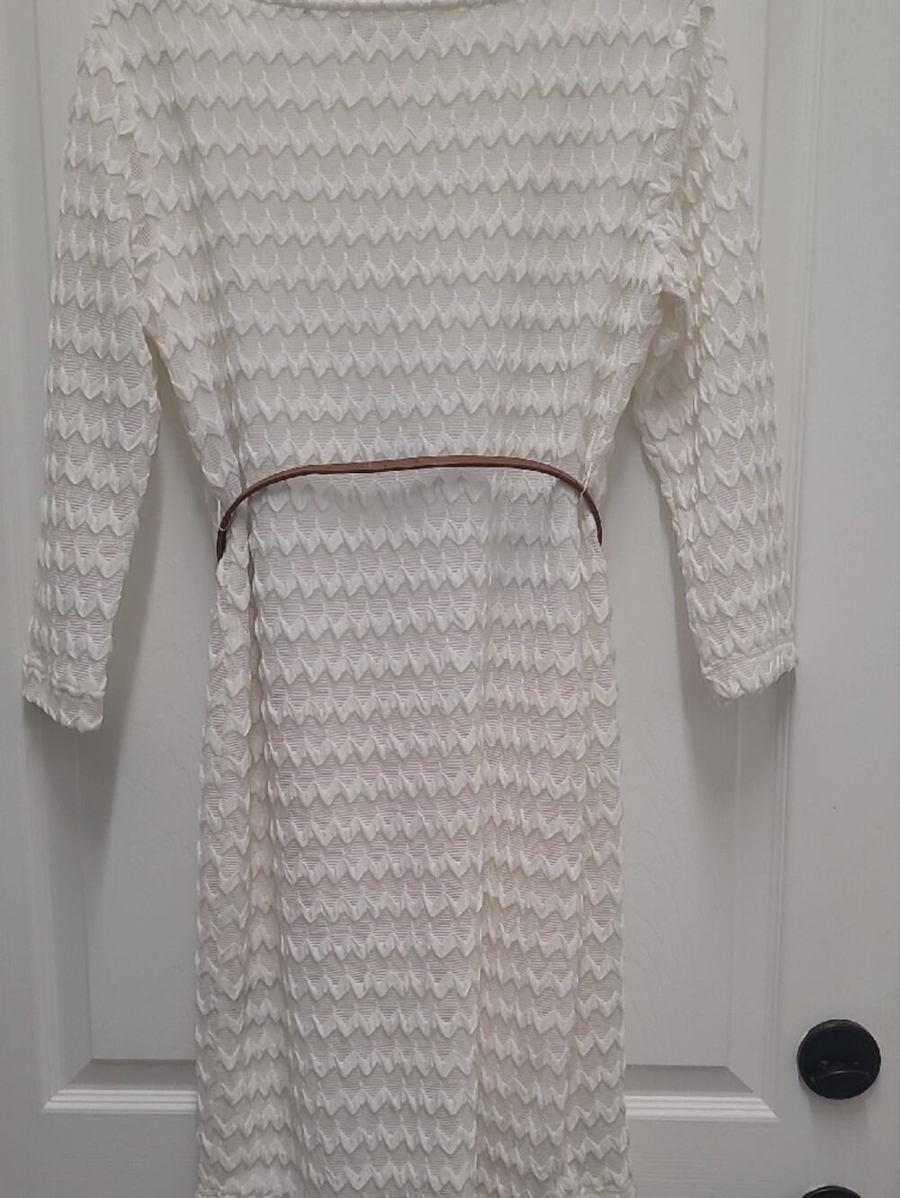 Sharagano White Textured Long Sleeve Dress with Tassel Belt - Picture 6 of 9